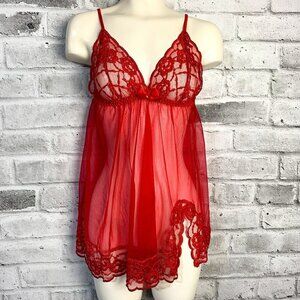Fredricks of Hollywood Red Sheer Mesh Lace Babydoll Camisole Slip Lingerie